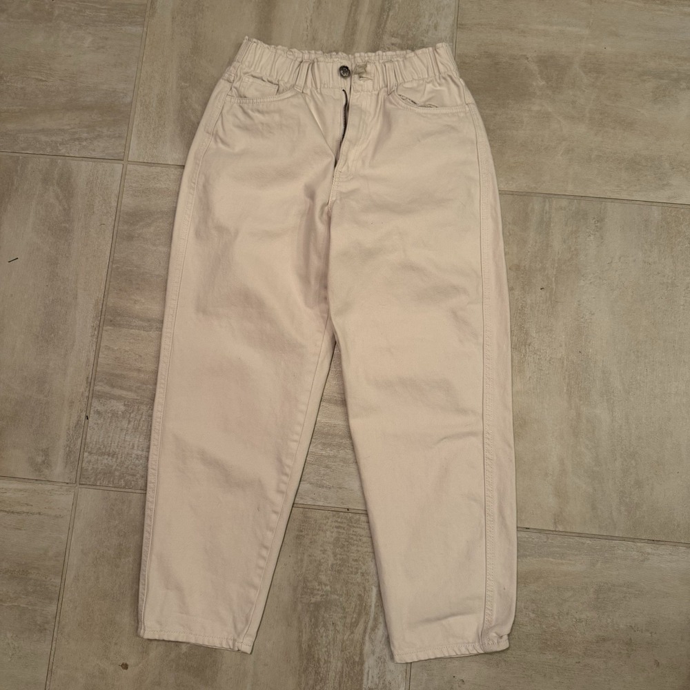 H&M Barrel Regular Jeans Womans 4 White Denim Zip Taper Loose‎ Fit Elastic Waist